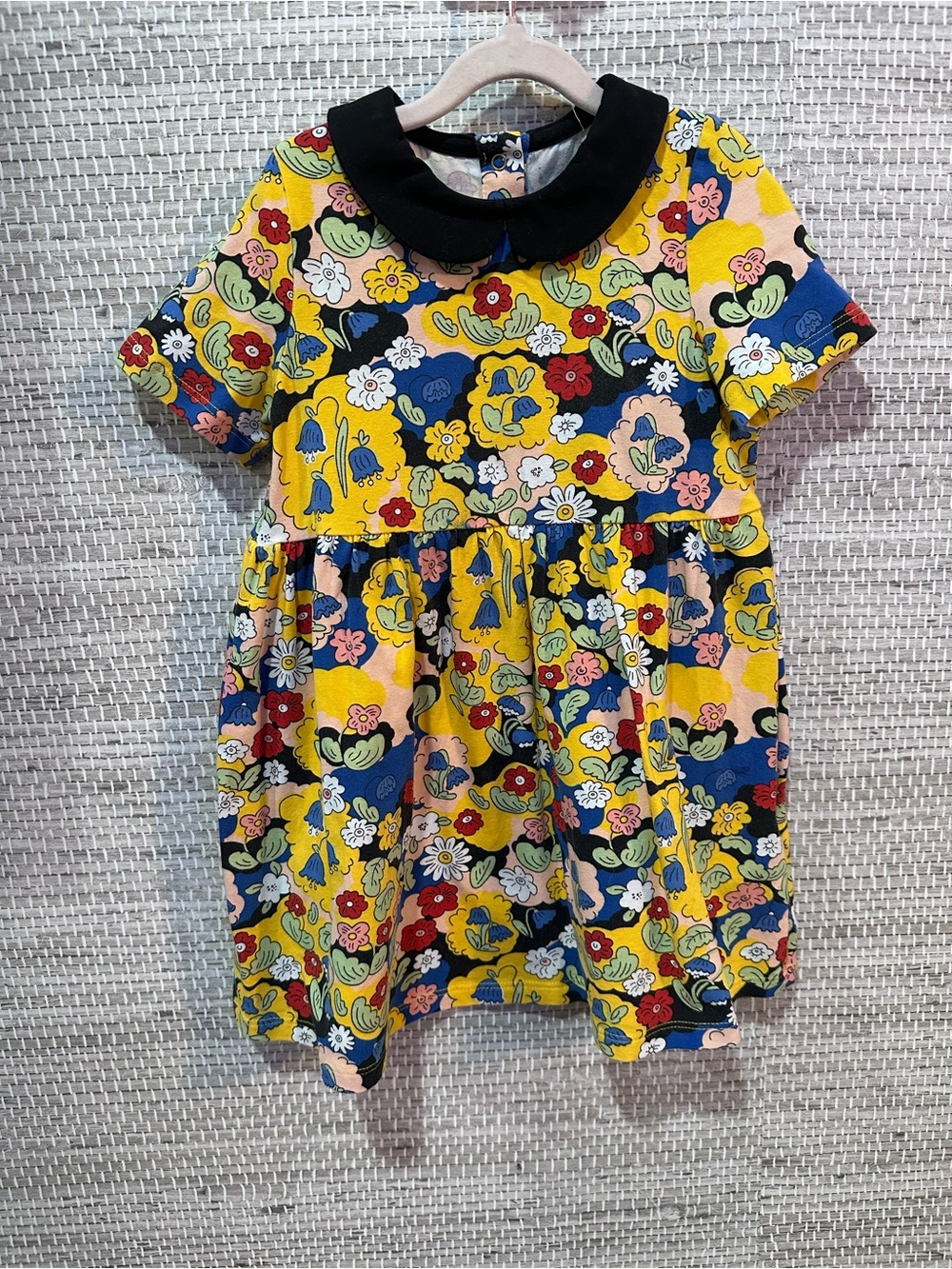 Mini Rodini Yellow Floral Dress with Black Peter Pan Collar